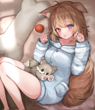 1girl :p animal_ears ball blue_eyes brown_hair commission dog_ears dog_girl dog_tail fluffy_clothes hasuki_rui heterochromia highres hood hood_down hooded_pajamas indie_virtual_youtuber long_sleeves looking_at_viewer lying multicolored_hair no_pants nomo_(no_mo) on_back pajamas paw_pose red_eyes second-party_source short_hair single_ear_down skeb_commission stuffed_animal stuffed_dog stuffed_toy tail tongue tongue_out two-tone_hair virtual_youtuber