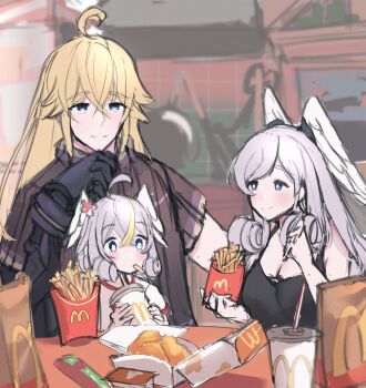 1boy 1girl blonde_hair breasts family father_and_daughter grey_hair head_wings highres if_they_mated juneplums long_hair mechanical_arms melia_antiqua mother_and_daughter shulk_(xenoblade) sitting smile wings xenoblade_chronicles_(series) xenoblade_chronicles_1 xenoblade_chronicles_3 xenoblade_chronicles_3:_future_redeemed