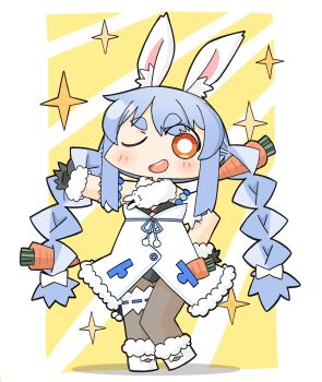 Rule 34 | 1girl, and takashi, animal ears, black gloves, blue hair, braid, chibi, chibi only, commentary request, don-chan (usada pekora), dress, full body, fur-trimmed gloves, fur trim, gloves, hair ornament, hand on own hip, highres, hololive, leotard, leotard under clothes, long hair, looking at viewer, one eye closed, orange eyes, pantyhose, rabbit ears, rabbit girl, rabbit hair ornament, shoes, short eyebrows, solo, sparkle, standing, teeth, thick eyebrows, twin braids, upper teeth only, usada pekora, usada pekora (1st costume), virtual youtuber, white dress, white shoes