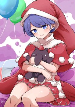 :3 alternate_color animal_ears baku_(creature) balloon blob blue_eyes bright_pupils capelet doremy_sweet dress hat highres hugging_doll hugging_object miniskirt multicolored_dress nightcap party_hat pom_pom_(clothes) purple_hair red_capelet red_hat scavia10 sitting skirt sleeveless sleeveless_turtleneck smile tail tapir tapir_ears tapir_tail touhou turtleneck white_pupils