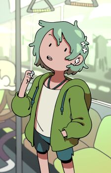 1boy adventure_time adventure_time:_fionna_and_cake airpods blurry blurry_background chair commentary cosplay discount-supervillain english_commentary fennel_(fionna_and_cake) fennel_(fionna_and_cake)_(cosplay) fern_(adventure_time) flower genderswap genderswap_(ftm) hair_flower hair_ornament highres hood hoodie indoors jewelry male_focus necklace open_mouth shirt short_hair shorts solo teeth toon_(style) window wireless_earphones