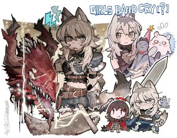 Rule 34 | 2girls, absurdres, animal ear fluff, animal ear piercing, animal ears, armor, blood, blood on face, brown hair, cape, cat, chinese commentary, commentary request, dragon, gauntlets, girls band cry, girls band cry rpg, grey eyes, highres, holding, holding sword, holding weapon, iseri nina, kawaragi momoka, llllwewewe, multicolored hair, multiple girls, red cape, roots (hair), sword, tail, weapon, wolf ears, wolf girl, wolf tail