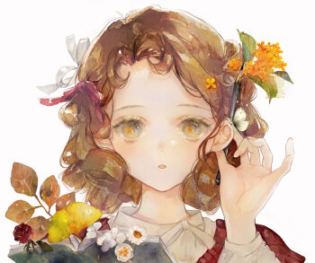 1girl blush book bow brown_hair bug butterfly child colored_eyelashes commentary curly_hair dress flower green_eyes hair_bow insect leaf looking_at_viewer niwa_haruki original pencil red_flower revision symbol-only_commentary upper_body white_background white_dress white_flower