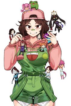 6+girls animal_print antares_topaz backwards_hat bandaid bandaid_on_face bandaid_on_nose baseball_cap belt bethy breasts brown_eyes brown_hair character_request commentary commission commissioner_upload cowboy_shot english_commentary eyelashes frog_on_head frog_print green_belt green_overalls green_suspenders hat highres hood hood_down hoodie indie_virtual_youtuber large_breasts long_sleeves looking_at_viewer medium_hair multiple_girls nose overalls parted_lips pink_hat pink_hoodie roblox second-party_source short_twintails sidelocks simple_background smile solo_focus teeth thighs tomboy twintails virtual_youtuber white_background