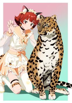 1girl :3 animal animal_ear_fluff animal_ears blush border braid cat_ears choker claw_pose earrings fake_animal_ears gradient_background green_background hair_ornament hairclip hand_up heart heart_choker highres idolmaster idolmaster_million_live! jewelry leopard looking_at_viewer nonohara_akane official_alternate_costume outside_border pink_background red_hair sailor_collar shadow shoes short_hair single_thighhigh skirt socks solo thigh_strap thighhighs white_border white_shoes white_socks white_thighhighs x_hair_ornament yabukara yellow_sailor_collar