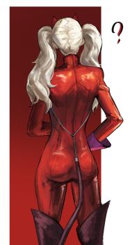 1girl ? animal_ears ass blonde_hair bodysuit boots commentary cowboy_shot fake_animal_ears fake_tail from_behind gloves highres kuma_lei long_hair panther_(persona_5) persona persona_5 purple_gloves red_background red_bodysuit simple_background solo tail takamaki_anne thigh_boots twintails