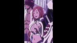 animated anime_screenshot bleach bleach:_sennen_kessen-hen breasts cleavage cleavage_cutout clothing_cutout detached_sleeves hair_ornament highres inoue_orihime kurosaki_ichigo large_breasts long_hair orange_hair sado_yasutora source_request tagme video