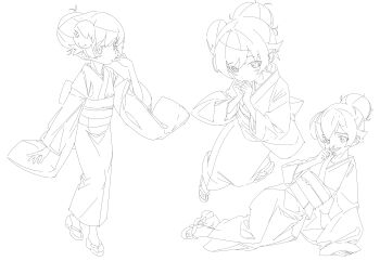 1girl :3 absurdres araragi_koyomi arm_at_side arm_support blush_stickers bow character_mask collarbone commentary_request covered_mouth eyes_visible_through_hair flat_chest from_above from_side full_body hair_between_eyes hair_bun hair_flaps hair_up hand_to_own_mouth highres holding holding_leaf japanese_clothes kimono leaf lineart long_sleeves looking_at_viewer looking_to_the_side lying maple_leaf mask monogatari_(series) multiple_views obi obijime on_side oshino_shinobu own_hands_together pointy_ears reclining ringed_eyes sandals sash shishirui_san sidelocks simple_background single_hair_bun sitting standing waist_bow walking white_background wide_sleeves yokozuwari yukata