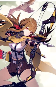 1girl arrow_(projectile) artist_name belt bird black_belt blush bow_(weapon) breasts brown_hair brown_shorts closed_mouth commentary_request commission compound_bow falcon_(girls&#039;_frontline) feet_out_of_frame girls&#039;_frontline girls&#039;_frontline_neural_cloud hair_ribbon highres holding holding_weapon large_breasts long_hair looking_at_viewer mineta_naoki red_eyes red_ribbon ribbon shirt shorts skeb_commission sockdolager_(neural_cloud) solo weapon white_shirt yellow_cloak