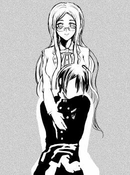 1boy 1girl 82utena absurdres ahoge blazer bow bowtie buttons closed_mouth coattails collared_jacket collared_shirt commentary_request danganronpa_(series) danganronpa_v3:_killing_harmony double-breasted eyelashes faceless faceless_male glasses grey_background greyscale head_tilt highres jacket layered_sleeves long_hair long_sleeves looking_at_viewer monochrome open_clothes open_jacket pants pocket round_eyewear saihara_shuichi shirogane_tsumugi shirt short_hair sidelocks simple_background sitting smile spoilers static straight-on very_long_hair wavy_hair