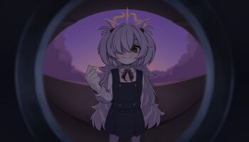 Rule 34 | 1girl, absurdres, bags under eyes, blue archive, brown eyes, brown halo, brown ribbon, clenched hand, collared shirt, commentary request, diagonal-striped ribbon, dress, eyeball hair ornament, fisheye, grey hair, hair ornament, hair over one eye, halo, highres, kanoe (blue archive), long hair, long sleeves, looking at viewer, mojyo, monitoring (vocaloid), multicolored eyes, peephole, pinafore dress, pov peephole, ribbon, satooo369, scar, scar on neck, shirt, sleeveless, sleeveless dress, smile, solo, two-tone eyes, two side up, very long hair, white shirt