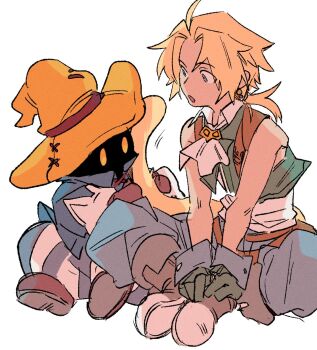 2boys ahoge ascot bare_shoulders black_mage_(final_fantasy) blonde_hair blue_coat blue_eyes blue_pants blue_wrist_cuffs boots brown_boots brown_gloves cat_tail coat cropped_vest earrings final_fantasy final_fantasy_ix full_body garbage_paper gloves green_vest grey_boots grey_gloves hat highres indian_style jewelry looking_at_another low_ponytail male_focus multiple_boys pants parted_bangs parted_lips petting ponytail shirt sitting sleeveless sleeveless_shirt striped_clothes striped_pants tail vest vivi_ornitier white_ascot white_background white_shirt wizard_hat wrist_cuffs yellow_eyes zidane_tribal