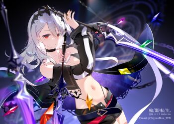 Rule 34 | 1girl, absurdres, bare shoulders, belt, breasts, choker, cleavage, collarbone, cowboy shot, detached sleeves, groin, hair between eyes, highleg, highres, holding, holding weapon, long hair, long sleeves, looking at viewer, midriff, navel, ongeki, pants, parted lips, red eyes, shirt, shorts, sidelocks, solo, stomach, sumeragi setsuna, sword, thighs, trypan blue, underwear, weapon