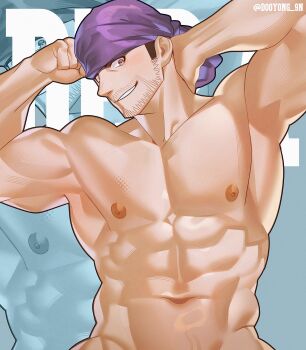 1boy abs absurdres armpits bandana bara beard beard_stubble commentary connected_beard dooyong_9n facial_hair highres large_pectorals male_focus muscular muscular_male mustache_stubble navel nipples pectorals purple_bandana smile solo stubble tadera_ryuu twitter_username variant_set yomi_no_tsugai