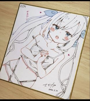 Rule 34 | 1girl, bare arms, bare shoulders, blue eyes, blue ribbon, blush stickers, camisole, collarbone, commentary request, dated, dutch angle, groin, hair ribbon, highleg, highleg panties, highres, interlocked fingers, letterboxed, long hair, looking at viewer, open mouth, original, own hands clasped, own hands together, panties, photo (medium), ribbon, shikishi, signature, solo, strap slip, te toga, traditional media, twintails, underwear, very long hair