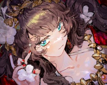 1girl blue_eyes brown_hair closed_mouth flower hair_flower hair_ornament hand_up hibissukssurussuk highres holding holding_flower laurel_crown marcus_(reverse:1999) official_alternate_costume portrait reverse:1999 solo sparkle white_flower