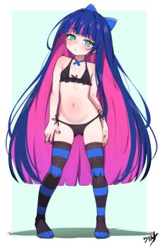 1girl absurdres boppin bow colored_inner_hair commentary commission english_commentary flat_chest hair_bow highres long_hair multicolored_hair navel paid_reward_available panty_&amp;_stocking_with_garterbelt pink_hair solo stocking_(psg) striped_clothes striped_thighhighs thighhighs