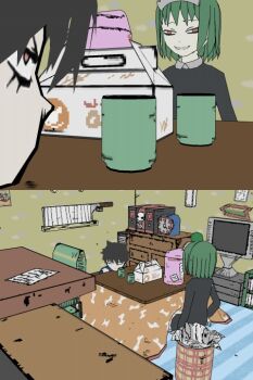 1boy 1girl alarm_clock bandages black_hair book borrowed_character box chair clock comic cup futaba_channel green_hair indoors iya_maid knife kotatsu looking_at_another marimo nijiura_maids pale_skin paper red_eyes sharp_teeth shelf silent_comic sitting smile table teeth television trash_can weapon