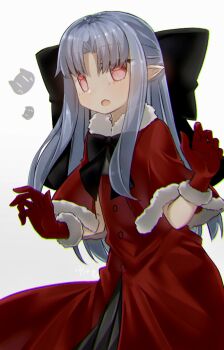 1girl black_bow blue_hair blush bow bowtie breasts capelet dress fur_trim gloves hair_bow half_updo highres len_(tsukihime) long_hair looking_at_viewer open_mouth parted_bangs pointy_ears red_capelet red_dress red_eyes red_gloves small_breasts solo tsukihime yubeshi_(zecxl)