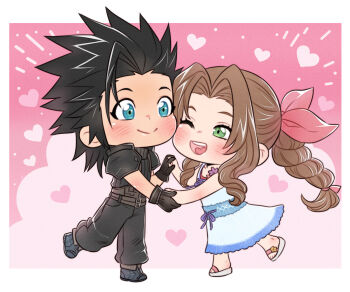 Rule 34 | 1boy, 1girl, aerith gainsborough, armor, baggy pants, black gloves, black hair, black pants, blue eyes, blush, border, braid, braided ponytail, brown hair, cheek-to-cheek, closed mouth, commentary, couple, crisis core: final fantasy vii, crylin6, final fantasy, final fantasy vii, full body, gloves, green eyes, hair ribbon, heads together, heart, hetero, holding hands, long hair, looking at another, one eye closed, open mouth, pants, parted bangs, pink background, pink ribbon, ponytail, ribbed sweater, ribbon, shoulder armor, sleeveless, sleeveless turtleneck, smile, spiked hair, standing, standing on one leg, sweater, turtleneck, turtleneck sweater, untranslatable commentary, white border, zack fair