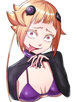 1girl antena_sasaru asymmetrical_hair bikini bikini_top_only blonde_hair breasts capella_emerada_lugnica crazy crazy_eyes medium_breasts purple_bikini re:zero_kara_hajimeru_isekai_seikatsu red_eyes reverse_outfit sanpaku short_hair swimsuit tongue tongue_out