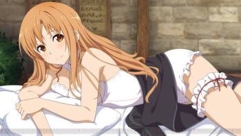 10s 1girl asuna_(sao) bed_sheet breasts brown_eyes brown_hair cleavage female_focus game_cg hair_over_shoulder indoors long_hair looking_at_viewer lying medium_breasts neck_garter official_art on_back pillow red_ribbon ribbon smile solo sword_art_online sword_art_online:_hollow_fragment sword_art_online:_hollow_realization thigh_strap tunic watermark