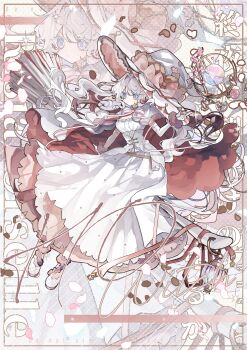 absurdres blue_hair broom cape corset falling_petals flower fur_trim hat highres kmkm_trpg original petals ribbon wavy_hair white_hair witch witch_hat