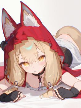 1girl absurdres animal_ear_fluff animal_ears arknights arknights:_endfield ass black_collar black_gloves blonde_hair blush braid chromatic_aberration cloak collar dot_nose double-parted_bangs downblouse dress fingerless_gloves gloves hair_between_eyes highres hood hood_up hooded_cloak jewelry long_hair looking_at_viewer lying necklace no_bra nyarnya on_stomach red_cloak red_hood rossi_(arknights) simple_background small_sweatdrop solo tail tooth_necklace twin_braids white_dress wolf_ears wolf_girl wolf_tail yellow_eyes