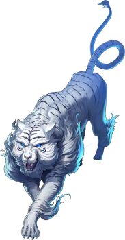 Rule 34 | artist request, blue eyes, byakko (megami tensei), demon (megami tensei), highres, no humans, official art, open mouth, persona, persona 5, persona 5: the phantom x, sharp teeth, shin megami tensei, slit pupils, solo, striped fur, teeth, third-party source, tiger, transparent background, white fur, white tiger