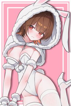 Rule 34 | 1girl, animal ears, black survival, blush, breasts, brown eyes, brown hair, cleavage, estelle (black survival), eternal return: black survival, fishnet thighhighs, fishnets, high heels, highleg, highleg leotard, highres, hood, hoodie, large breasts, leotard, looking at viewer, medium hair, moonb3702, pink background, playboy bunny, rabbit ears, rabbit tail, simple background, solo, tail, thighhighs, white hoodie, white leotard, white thighhighs, wrist cuffs