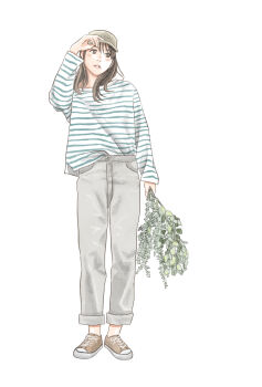 Rule 34 | 1girl, baseball cap, blush, brown eyes, brown hair, casual, diagonal-striped shirt, full body, hat, highres, long hair, long sleeves, original, otto (otto52coffee), pants, shoes, sneakers, solo, white background