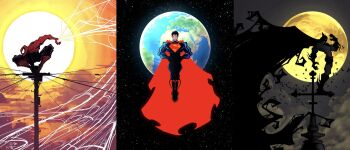 bat_(animal) batman batman_(series) black_hair cape closed_eyes cloud dc_comics earth_(planet) foreignbread grin highres marvel mask moon night planet red_cape short_hair silk smile space spider-man spider-man_(series) spider_web sun sunrise superman superman_(series) utility_pole very_long_cape