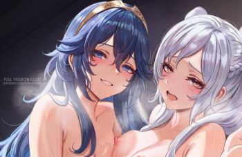 2girls asymmetrical_docking blue_eyes blue_hair blush breast_press breasts breath commentary drooling english_commentary female_robin_(fire_emblem) fire_emblem fire_emblem_awakening grey_hair implied_nudity leonmandala long_hair looking_at_viewer lucina_(fire_emblem) medium_breasts multiple_girls nintendo nipples saliva saliva_trail small_breasts upper_body yellow_eyes yuri