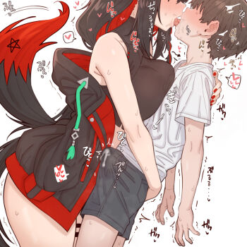 1boy 1girl age_difference bilingual_commentary black_hair black_jacket black_shirt black_shorts blush braid breast_press breasts bulge colored_inner_hair commentary cropped_shirt cum cum_in_clothes cum_through_clothes dark_persona english_commentary erection erection_under_clothes fox_girl fox_tail french_kiss from_side halter_shirt halterneck head_out_of_frame heart hetero highres hololive hood hooded_jacket jacket jacket_partially_removed kiss kurokami_fubuki large_breasts long_hair mixed-language_commentary multicolored_hair nail_polish onee-shota paid_reward_available pentagram red_hair red_nails shiroi_yoru shirt short_hair shorts shota side_braid simple_background single_braid sleeveless sleeveless_shirt spoken_heart t-shirt tail thigh_strap tongue tongue_out virtual_youtuber white_background white_shirt