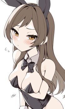 1girl animal_ear_hairband animal_ears arm_under_breasts binsen black_bow black_bowtie black_leotard blush bow bowtie breasts brown_hair closed_mouth detached_collar earrings fake_animal_ears flying_sweatdrops hairband highres idolmaster idolmaster_million_live! jewelry kitazawa_shiho leotard long_hair looking_at_viewer playboy_bunny rabbit_ear_hairband rabbit_ears solo strapless strapless_leotard white_background yellow_eyes
