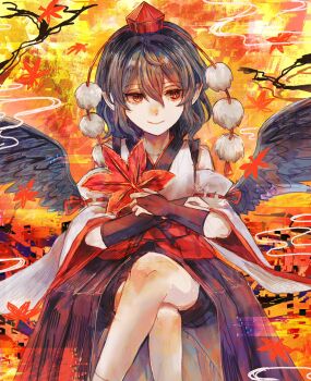 1girl bird_wings black_hair black_wings bridal_gauntlets crossed_legs hat hauchiwa highres kourindou_tengu_costume looking_to_the_side nek0magur0 pointy_ears pom_pom_(clothes) red_eyes red_hat shameimaru_aya short_hair sitting solo tengu tokin_hat touhou wings