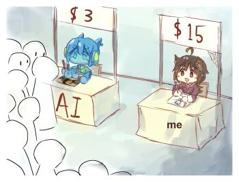 2girls 6+others absurdres ahoge ai-generated_art_(topic) animal_ear_fluff animal_ears blue_eyes blue_hair blush brown_hair chair chibi commentary dollar_sign drawing english_commentary fine_art_parody hair_between_eyes highres holding long_hair long_sleeves mona_lisa multiple_girls multiple_others open_mouth original parody price queue robot satire sfroshi short_hair sitting smile