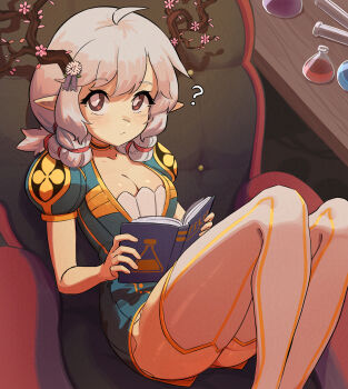 1girl ? ahoge antlers beaker book braid breasts bright_pupils brown_eyes chair cleavage closed_mouth commentary dress english_commentary eyelashes flower green_dress grey_hair hair_ribbon highres holding holding_book horns linkur_(suweeka) looking_at_viewer open_book original paid_reward_available pink_flower pointy_ears puffy_short_sleeves puffy_sleeves ribbon short_sleeves sitting solo suweeka test_tube thighhighs twin_braids white_pupils white_thighhighs
