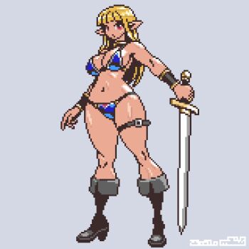 1girl belt bikini blonde_hair blunt_bangs boots breasts cleavage full_body grey_background holding holding_sword holding_weapon large_breasts long_hair mabius navel original pixel_art pointy_ears red_eyes simple_background solo standing swimsuit sword thigh_belt thigh_strap warrior weapon