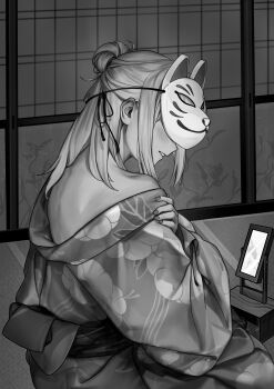 Rule 34 | 1girl, absurdres, aficksuna, bang dream!, bang dream! it's mygo!!!!!, blush, commentary, fox mask, greyscale, highres, japanese clothes, kimono, long hair, mask, mask on head, mirror, misumi uika, monochrome, off shoulder, parted lips, shouji, sliding doors, solo, symbol-only commentary, tatami