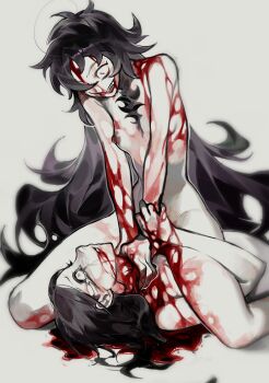 2girls :d bansheeiso black_hair blood blood_on_body blood_on_breasts blood_on_face blood_on_hands breasts cannibalism chest_hair constricted_pupils crazy_eyes girl_on_top grin guro hand_on_another's_wrist highres long_hair multiple_girls murder nude open_mouth original smile strangling wide-eyed wolf_cut yuri