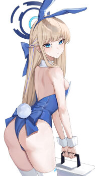 1girl absurdres animal_ears ass backless_leotard bare_shoulders blonde_hair blue_archive blue_bow blue_eyes blue_leotard bow breasts briefcase closed_mouth detached_collar earrings fake_animal_ears fake_tail ggoong_(pooplambgoong22) hair_bow halo highres holding holding_briefcase jewelry leotard light_blush long_hair looking_at_viewer medium_breasts official_alternate_costume playboy_bunny rabbit_ears rabbit_tail simple_background single_earring solo strapless strapless_leotard stud_earrings tail thighhighs toki_(blue_archive) toki_(bunny)_(blue_archive) turning_head very_long_hair white_background white_thighhighs white_wrist_cuffs wrist_cuffs