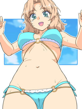 Rule 34 | 1girl, bikini, blonde hair, blue bikini, blue eyes, blush, breasts, cameltoe, crotch, from below, girls und panzer, highres, kay (girls und panzer), large breasts, long hair, navel, o-ring, o-ring bikini, open mouth, renshiu, sky, smile, solo, sweat, swimsuit, underboob