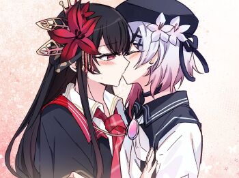2girls artist_request beret black_hair black_hat closed_eyes commentary_request commission flower from_side gradient_hair hair_flower hair_ornament hat kiss korean_commentary long_hair looking_at_another mahou_shoujo_no_majo_saiban multicolored_hair multiple_girls necktie nikaido_hiro pink_hair profile red_eyes red_flower red_necktie sakuraba_ema second-party_source short_hair upper_body white_flower white_hair x_hair_ornament yuri