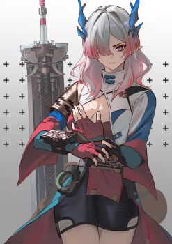 1girl appl3 arknights arknights:_endfield black_skirt blue_eyes blue_horns breasts chinese_commentary cleavage closed_mouth commentary cowboy_shot eyes_visible_through_hair fingerless_gloves gloves gradient_background grey_background grey_hair hair_over_one_eye high_collar highres horns huge_weapon long_hair long_sleeves looking_at_viewer medium_breasts mi_fu_(arknights) mole mole_on_breast mole_under_eye multiple_moles pink_hair pointy_ears red_gloves skirt solo split_mouth standing sword weapon