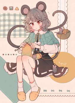 1girl animal_ears basket black_skirt black_vest blue_capelet capelet closed_mouth commentary_request flying_sweatdrops grey_hair highres holding holding_needle knitting knitting_needle long_sleeves mouse_(animal) mouse_ears mouse_girl mouse_tail mozukuzu_(manukedori) nazrin needle red_eyes short_hair signature skirt slippers socks solo tail touhou vest white_socks yarn yarn_ball yellow_slippers