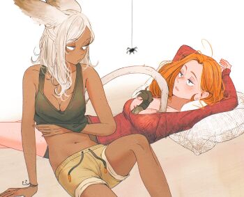 2girls animal animal_ears black_tank_top breasts bug censored cleavage commentary dark-skinned_female dark_skin drawstring english_commentary fake_censor highres izaria_(spindle_(aidenr0)) kitt_(spindle_(aidenr0)) long_hair long_sleeves medium_breasts midriff mosaic_censoring multiple_girls navel orange_hair original prehensile_tail red_shirt shirt short_shorts shorts spider spindle_(aidenr0) tail tank_top white_hair yuri