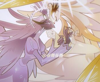 2girls absurdly_long_hair angel angel_wings beak bird_girl blonde_hair dress furry furry_female glowing glowing_eyes guyu68287625 halo hazbin_hotel hellaverse highres long_hair multiple_girls sera_(hazbin_hotel) speaker_of_god_(hazbin_hotel) very_long_hair white_dress white_hair wings