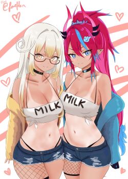 2girls :> absurdres alternate_costume black_choker blonde_hair blue_hair blue_jacket blue_shorts blush breasts brown-framed_eyewear choker chromashift cleavage closed_mouth clothes_writing collarbone colored_tips commentary crop_top dark-skinned_female dark_skin denim denim_shorts ear_piercing english_commentary eyelashes faeflan fishnets glasses glitch_stars heart highres horns jacket kai_saikota kanna_yanagi long_hair matching_outfits midriff multicolored_hair multiple_girls navel off_shoulder piercing pointy_ears ponytail red_hair shirt short_shorts shorts sidelocks smile tan tanline torn_clothes torn_shorts twitter_username virtual_youtuber white_background white_hair white_shirt yellow_eyes yellow_jacket
