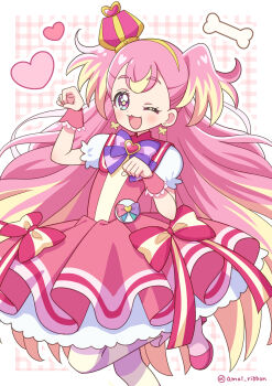 Rule 34 | 1girl, ;3, ;d, amai ribbon, arched crown, arms up, blonde hair, blush, bone, boots, border, bow, bow earrings, bright pupils, brooch, capelet, cartoon bone, chest bow, clenched hand, commentary, cowboy shot, crown, cure wonderful, curled fingers, dot nose, dress, dress bow, earrings, frilled wrist cuffs, frills, gold hairband, hairband, heart, heart brooch, highres, inukai komugi, jewelry, leg up, long hair, looking at viewer, magical girl, mini crown, multicolored bow, multicolored hair, multicolored pantyhose, one eye closed, open mouth, outline, outside border, pact holder, pantyhose, paw pose, petticoat, pink background, pink boots, pink bow, pink capelet, pink crown, pink dress, pink hair, pink pantyhose, pink wrist cuffs, plaid background, pouch, precure, puffy short sleeves, puffy sleeves, purple bow, purple eyes, short dress, short sleeves, smile, solo, standing, standing on one leg, streaked hair, striped bow, striped clothes, striped pantyhose, tilted headwear, twitter username, two-tone hair, two-tone pantyhose, two side up, very long hair, white border, white outline, wonderful pact, wonderful precure!, wrist cuffs, yellow pantyhose, yellow pupils